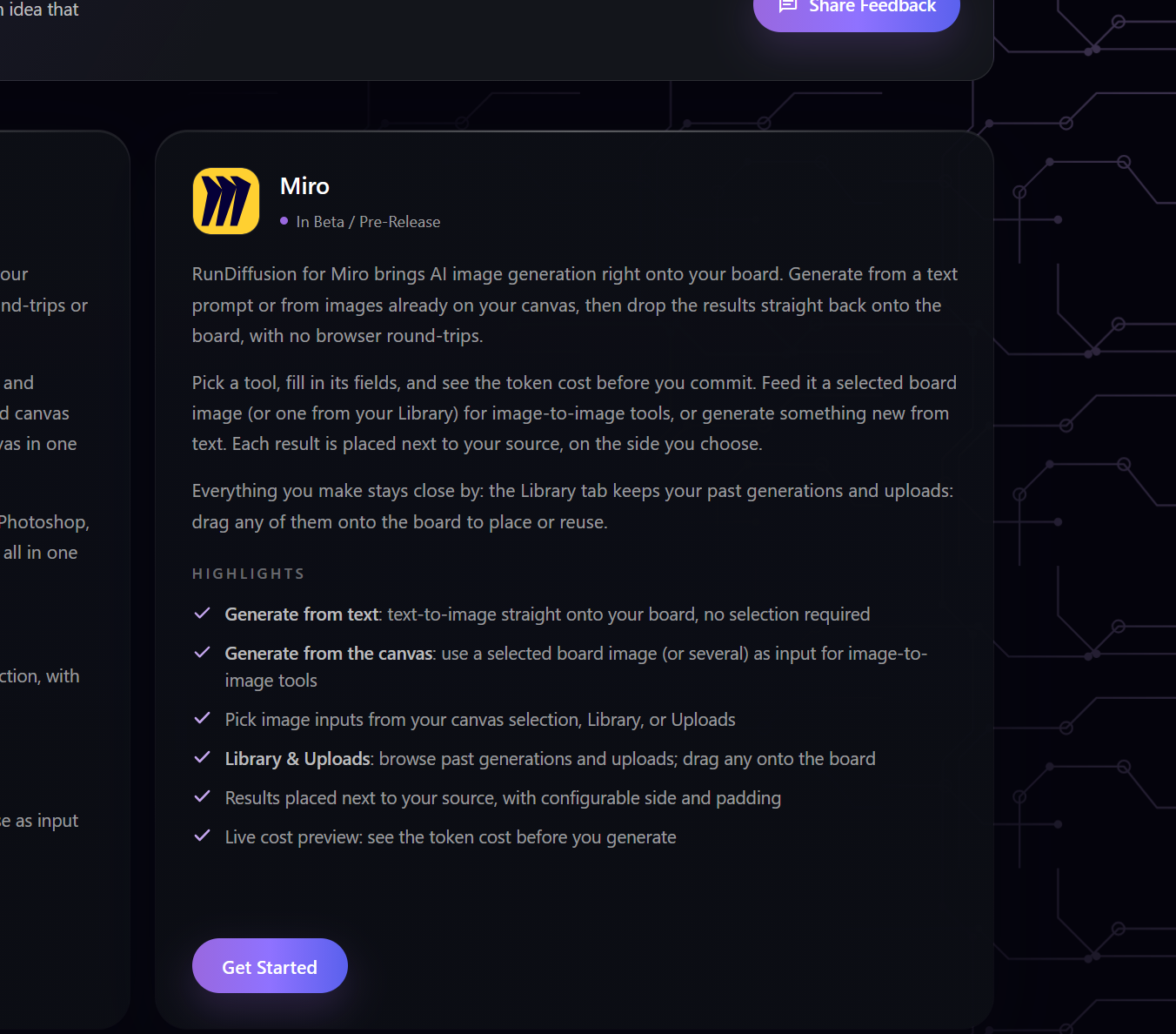 RunDiffusion Plugins and APIs page with the Get Started button on the Miro card