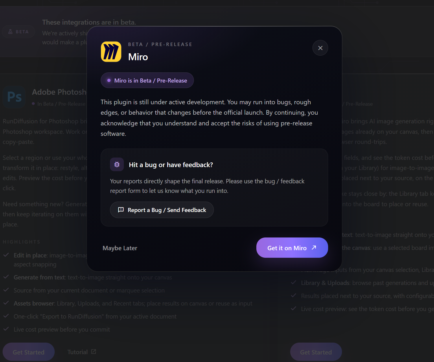 RunDiffusion Miro beta notice with the Get it on Miro button