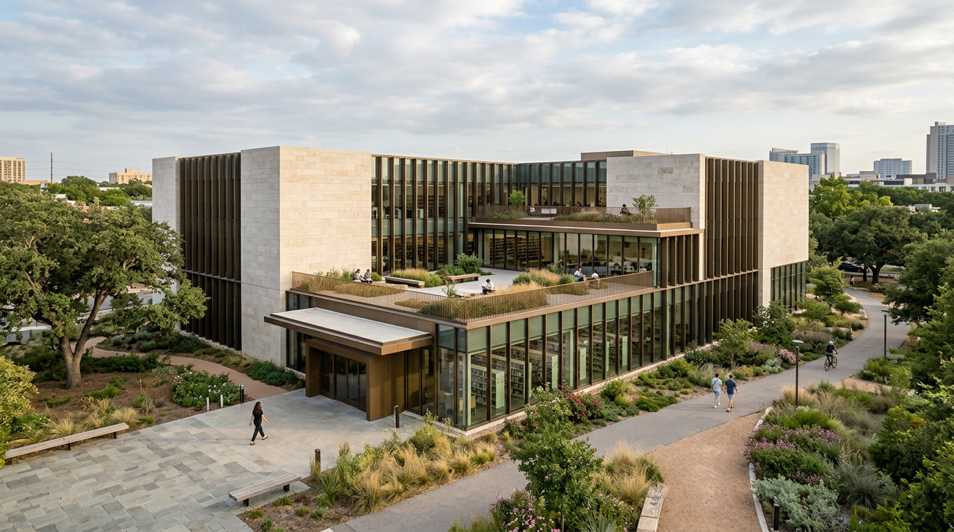 Original contemporary library render used as the source for a Nano Banana 2 architectural style transfer.