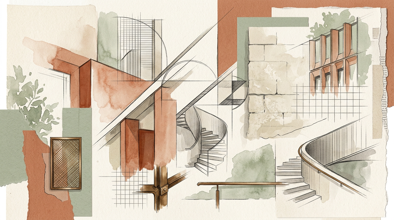 Watercolor, graphite, and editorial collage reference created for the Nano Banana 2 architectural style transfer.
