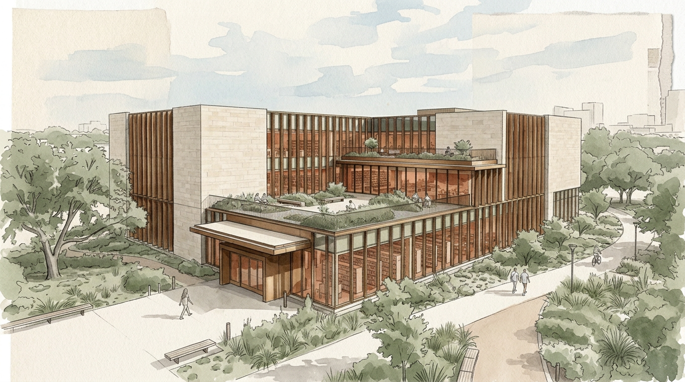 Contemporary library transformed into a watercolor and editorial collage presentation while retaining its architectural composition.