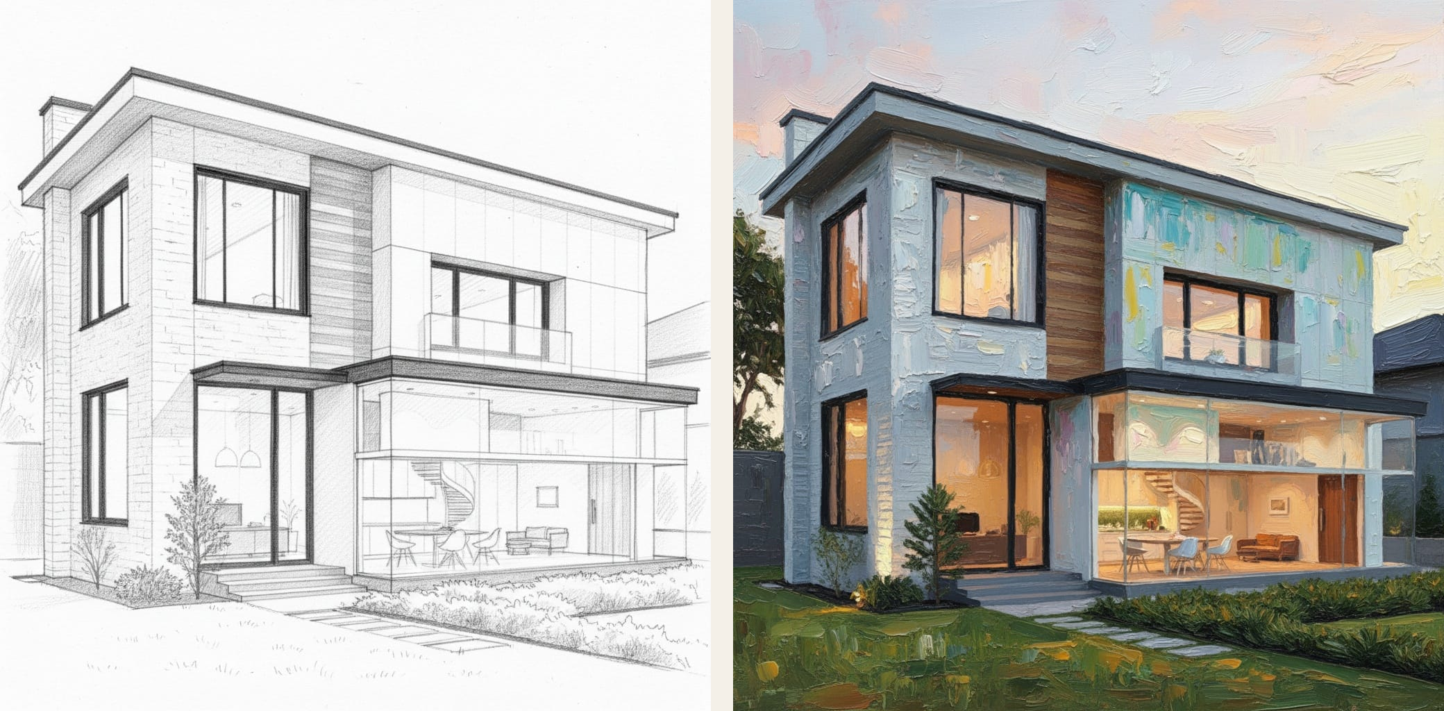 Architectural style-transfer results shown as a pencil drawing and oil painting side by side