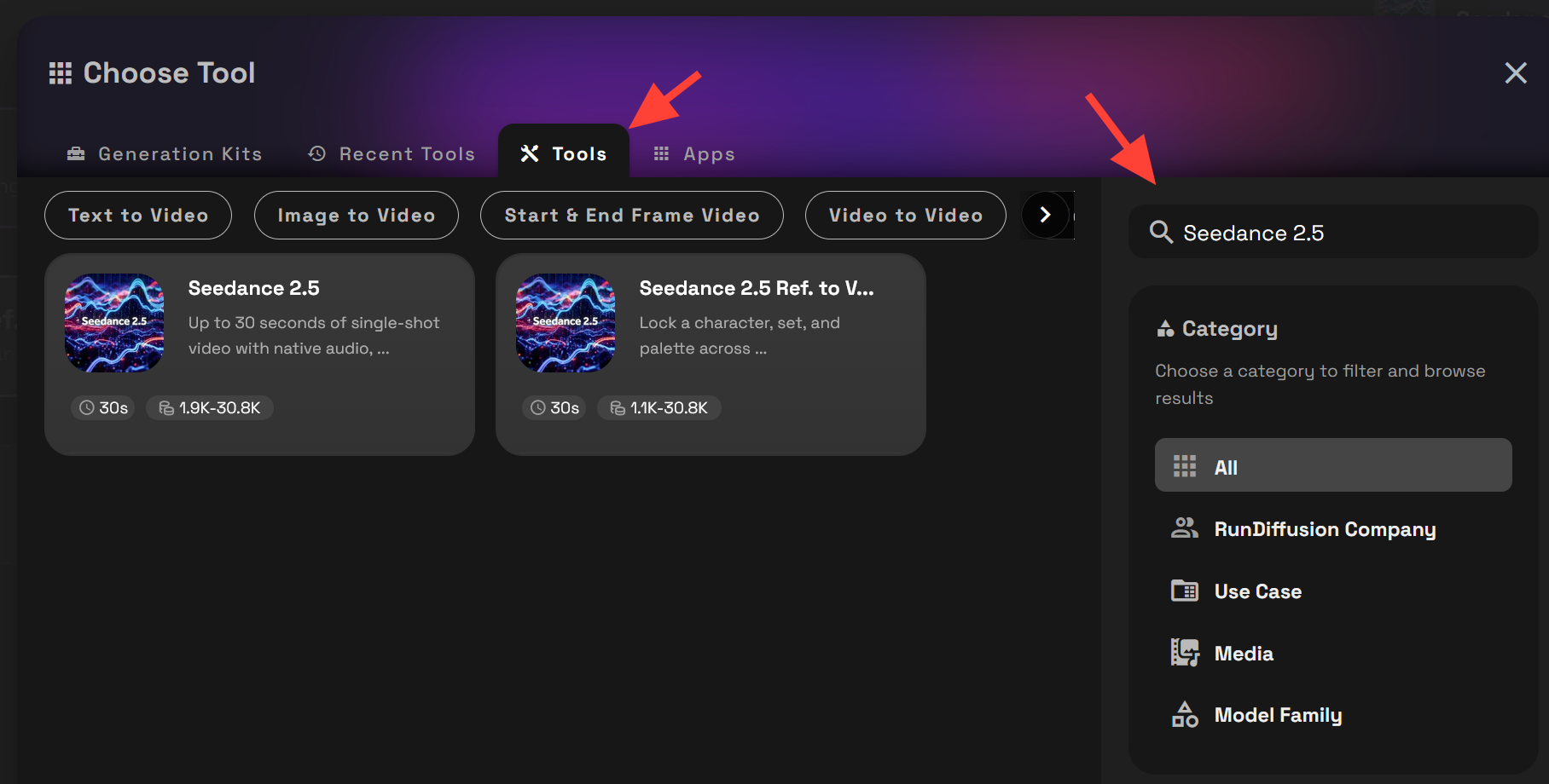 RunDiffusion Choose Tool window with the Tools tab selected and search results for Seedance 2.5 and Seedance 2.5 Ref. to Video.