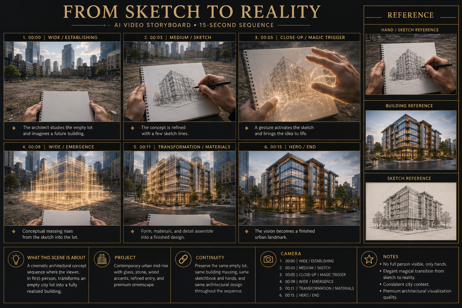 Six-panel Seedance 2.5 architecture storyboard titled From Sketch to Reality, with timed shots and reference images for a 15-second sequence.
