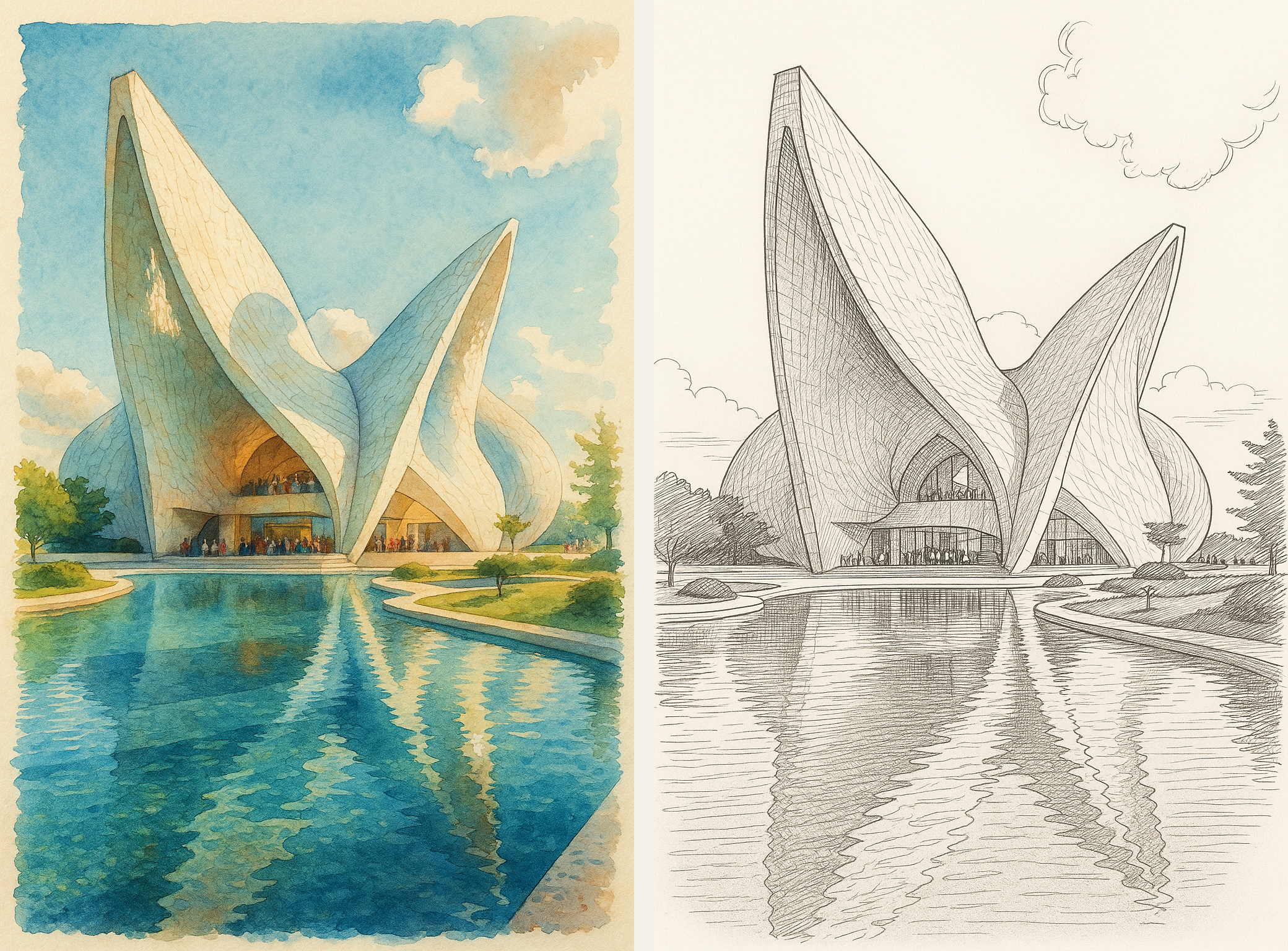 Watercolor and ink-and-pencil architectural style-transfer results shown side by side