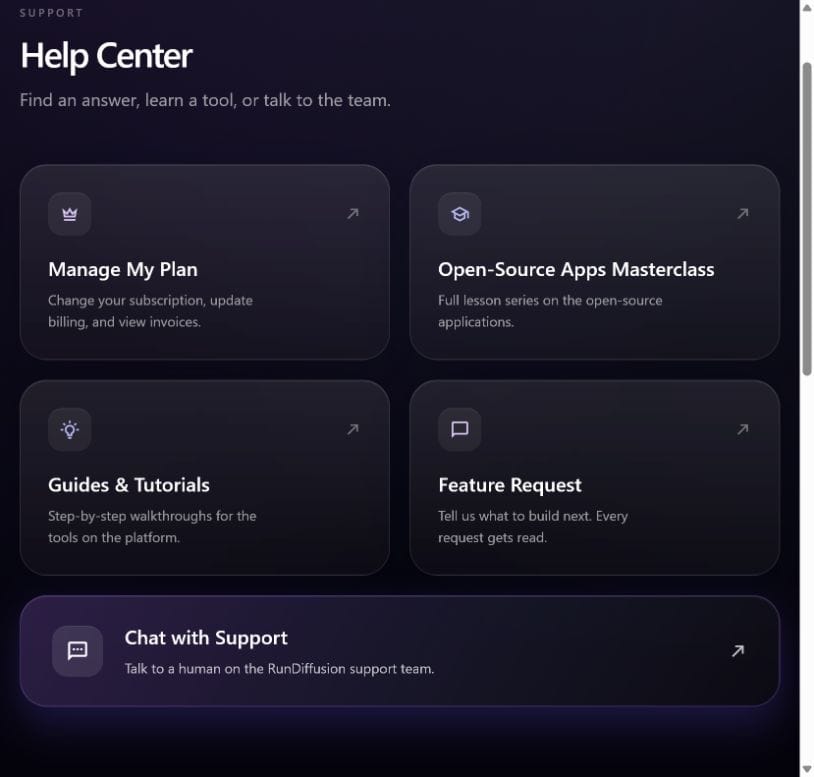 RunDiffusion Help Center with the Chat with Support option