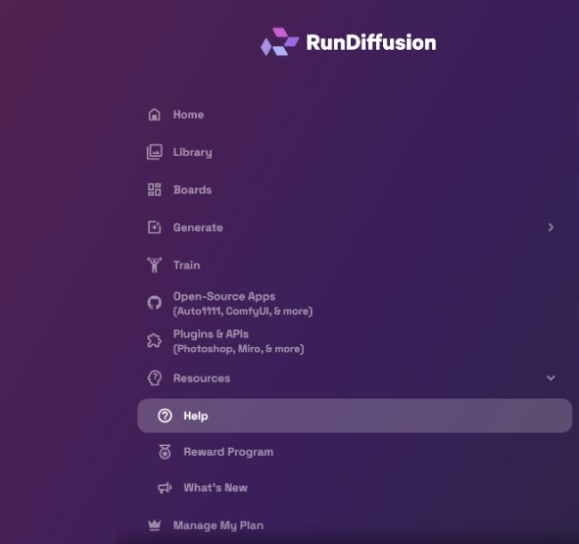 RunDiffusion sidebar with Resources expanded and Help selected
