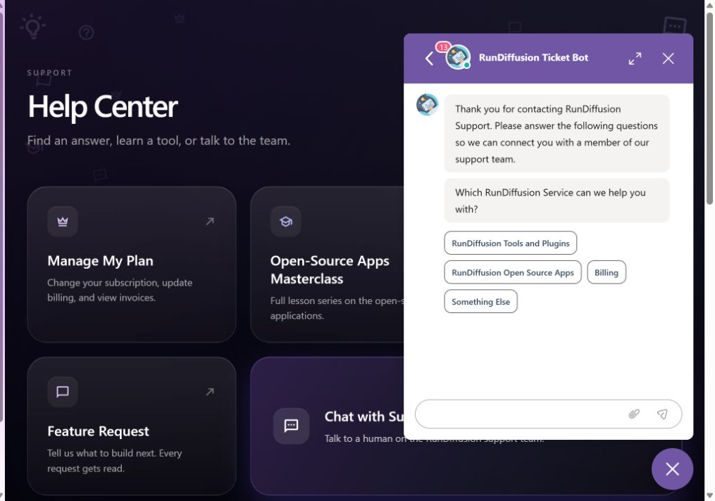 RunDiffusion support chat showing the available support categories