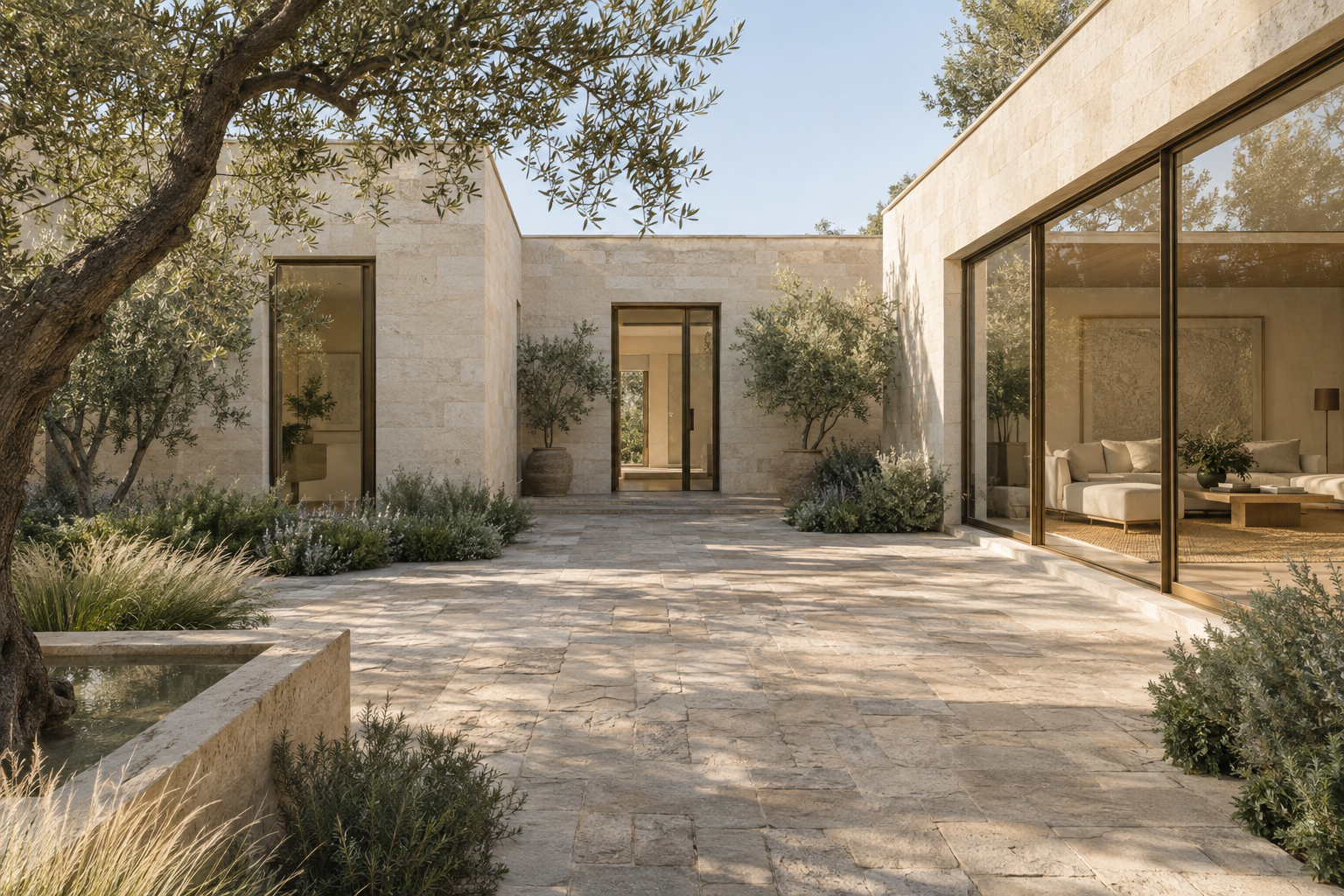 Limestone courtyard house with bronze glazing, a furnished living room and olive trees.