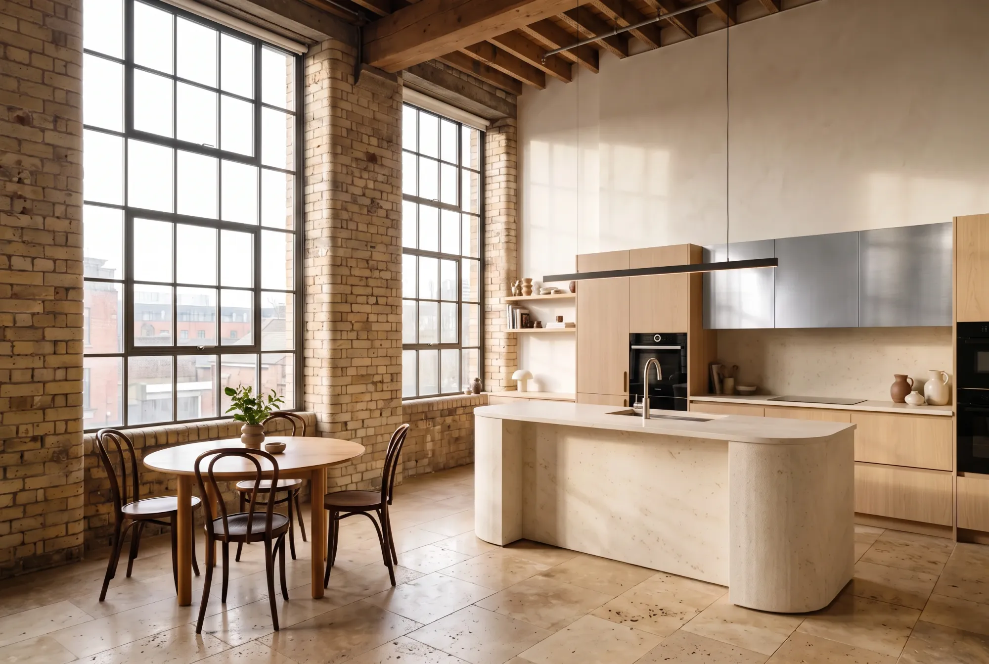 Only the marked upper cabinet faces receive the brushed metal finish.