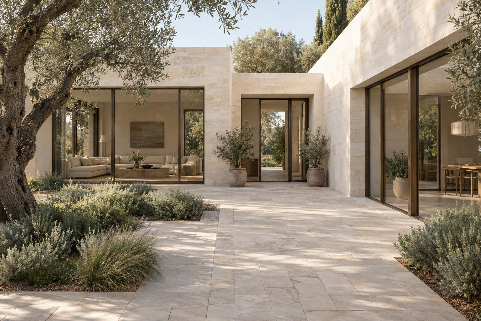 Limestone courtyard house with bronze glazing, olive trees, and a furnished living room.