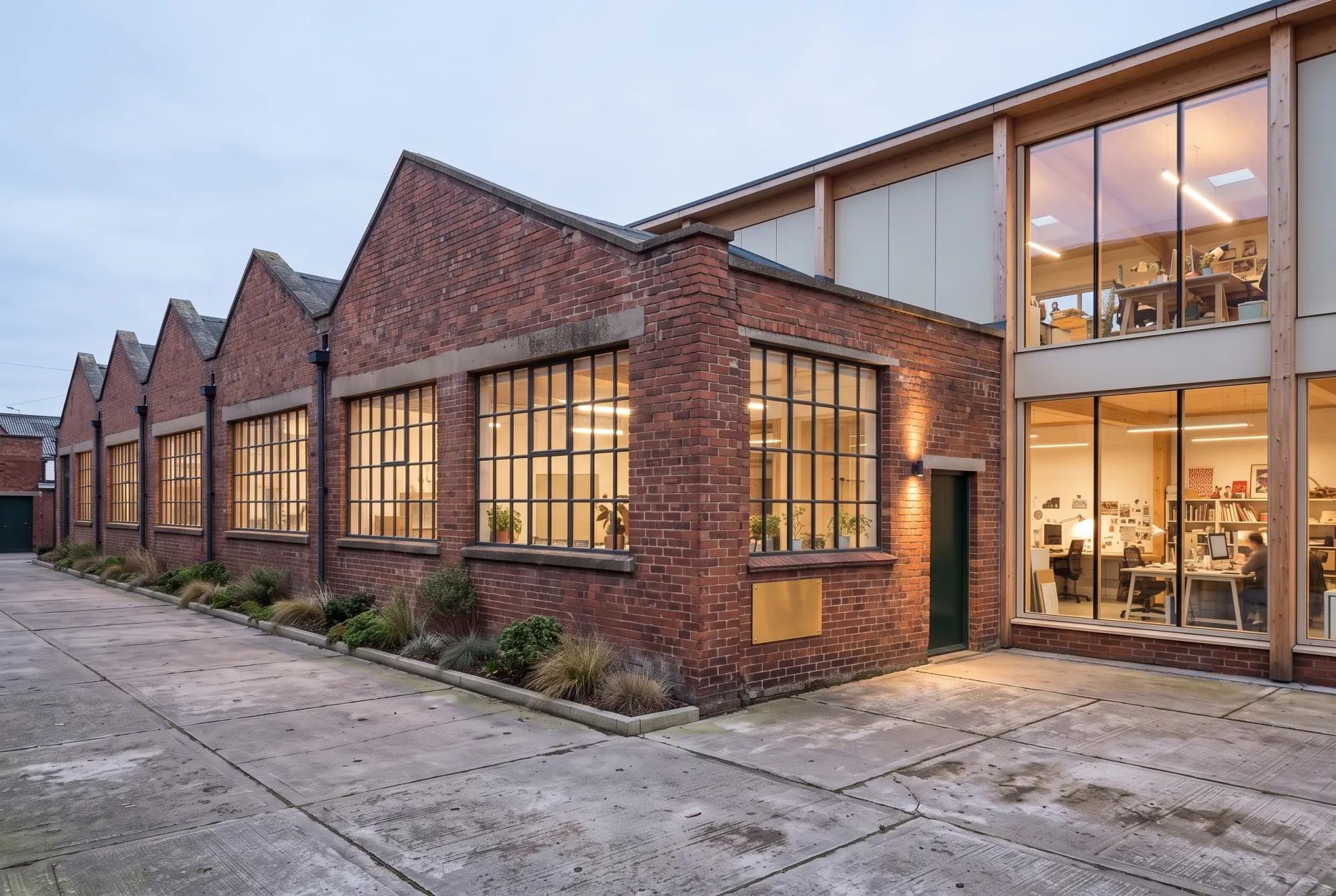Brick workshop and timber extension at blue hour with warm window light