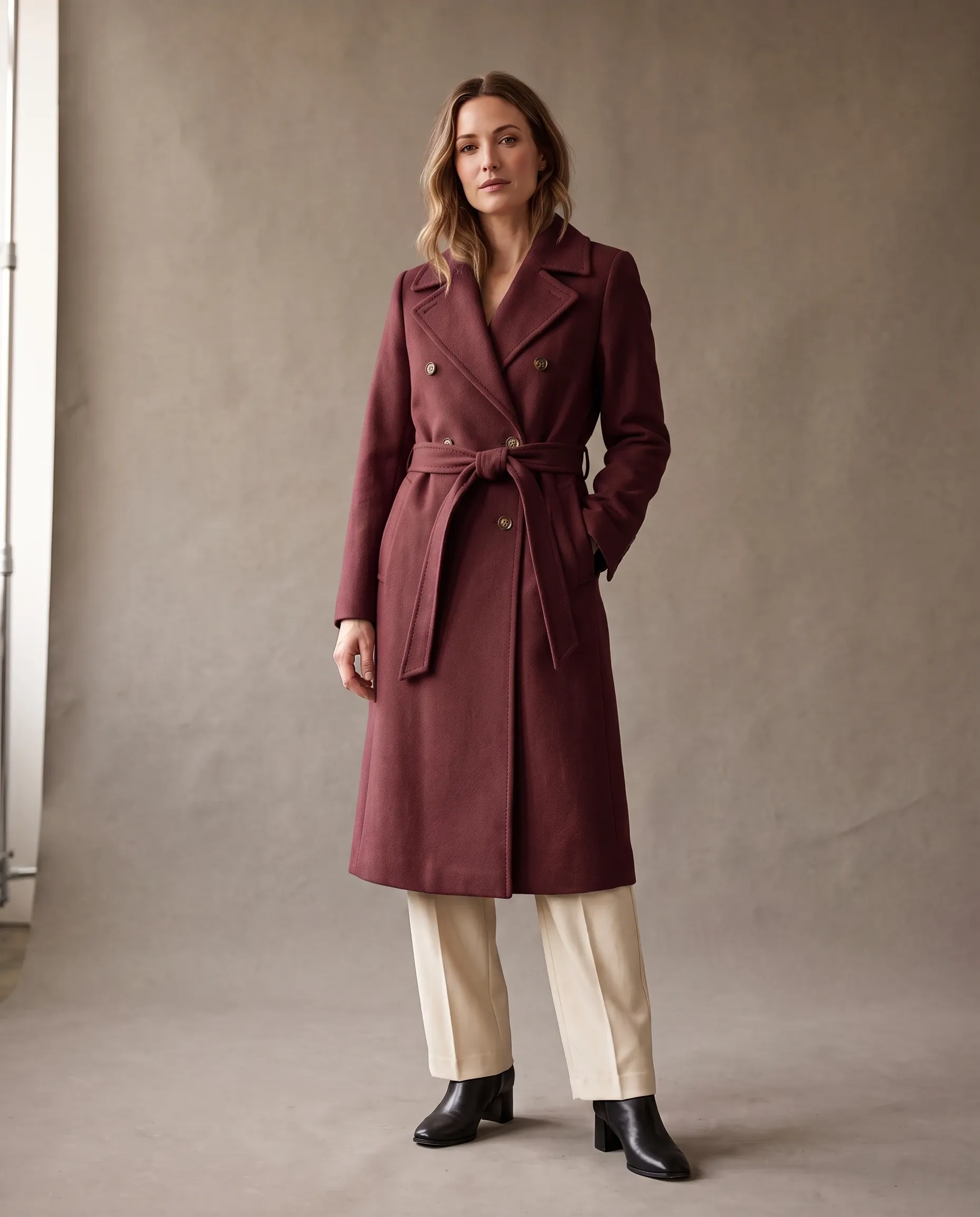 Fashion editorial photograph of the same woman in a burgundy coat