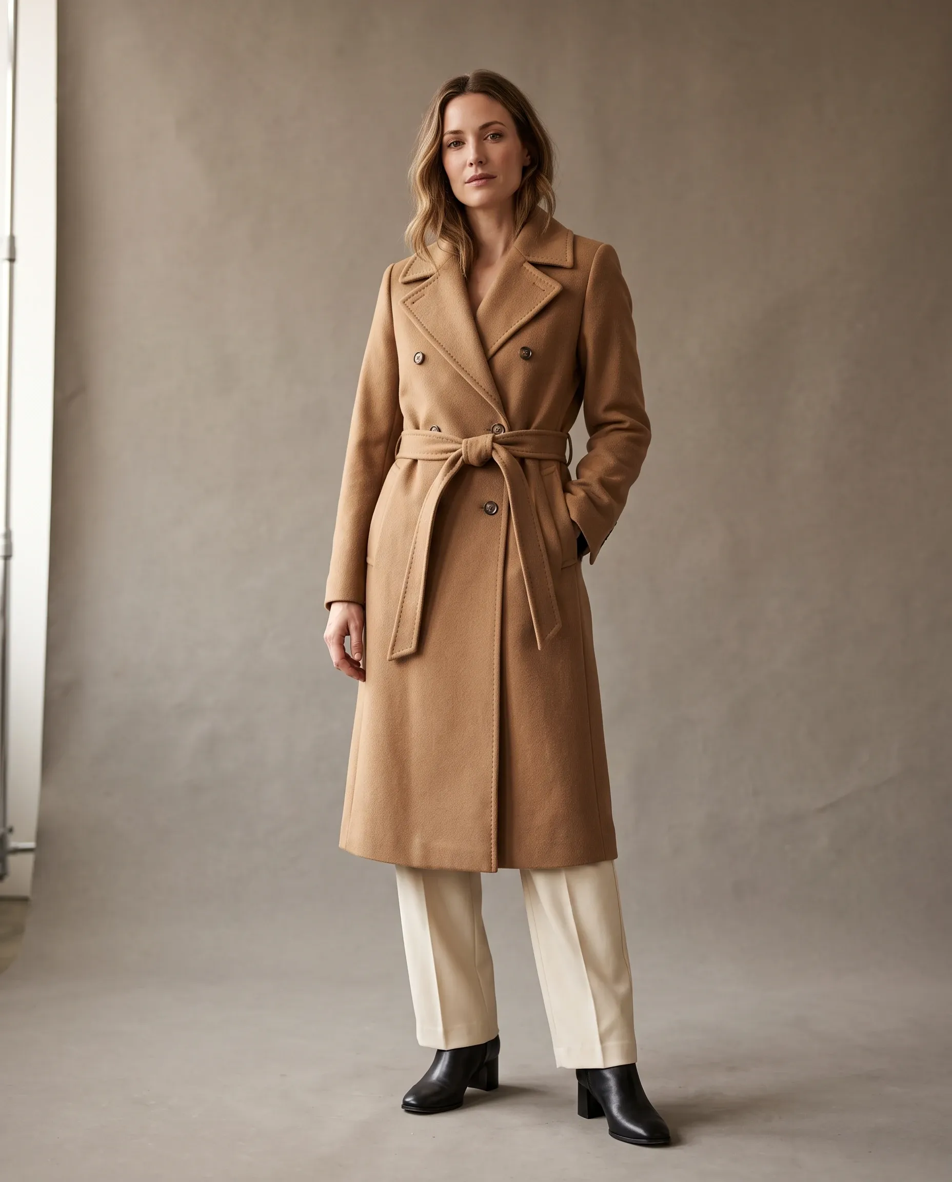 Fashion editorial photograph of an adult woman in a camel coat