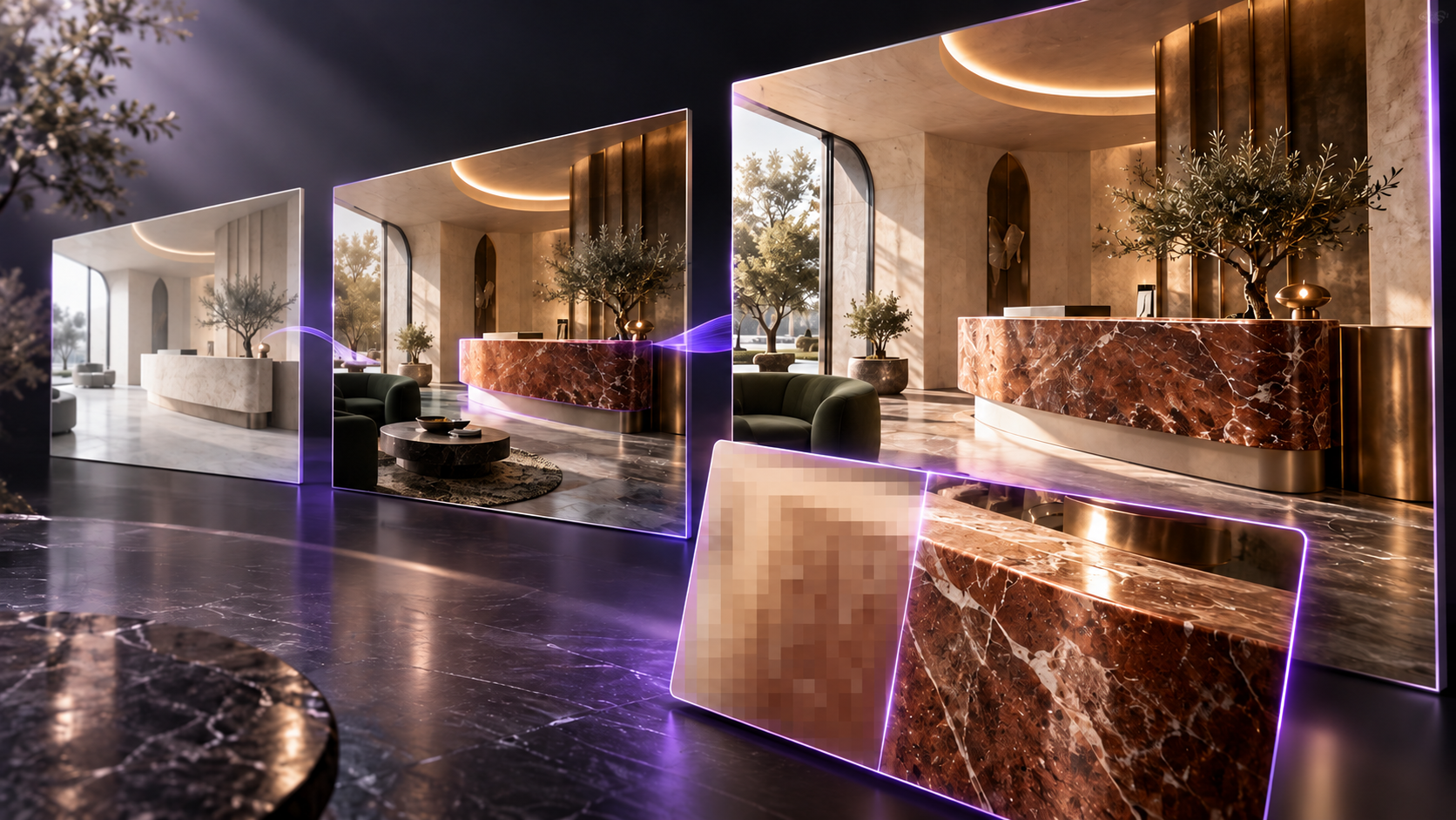 Concept illustration of architectural image generation, material edits, and detail enhancement across image canvases