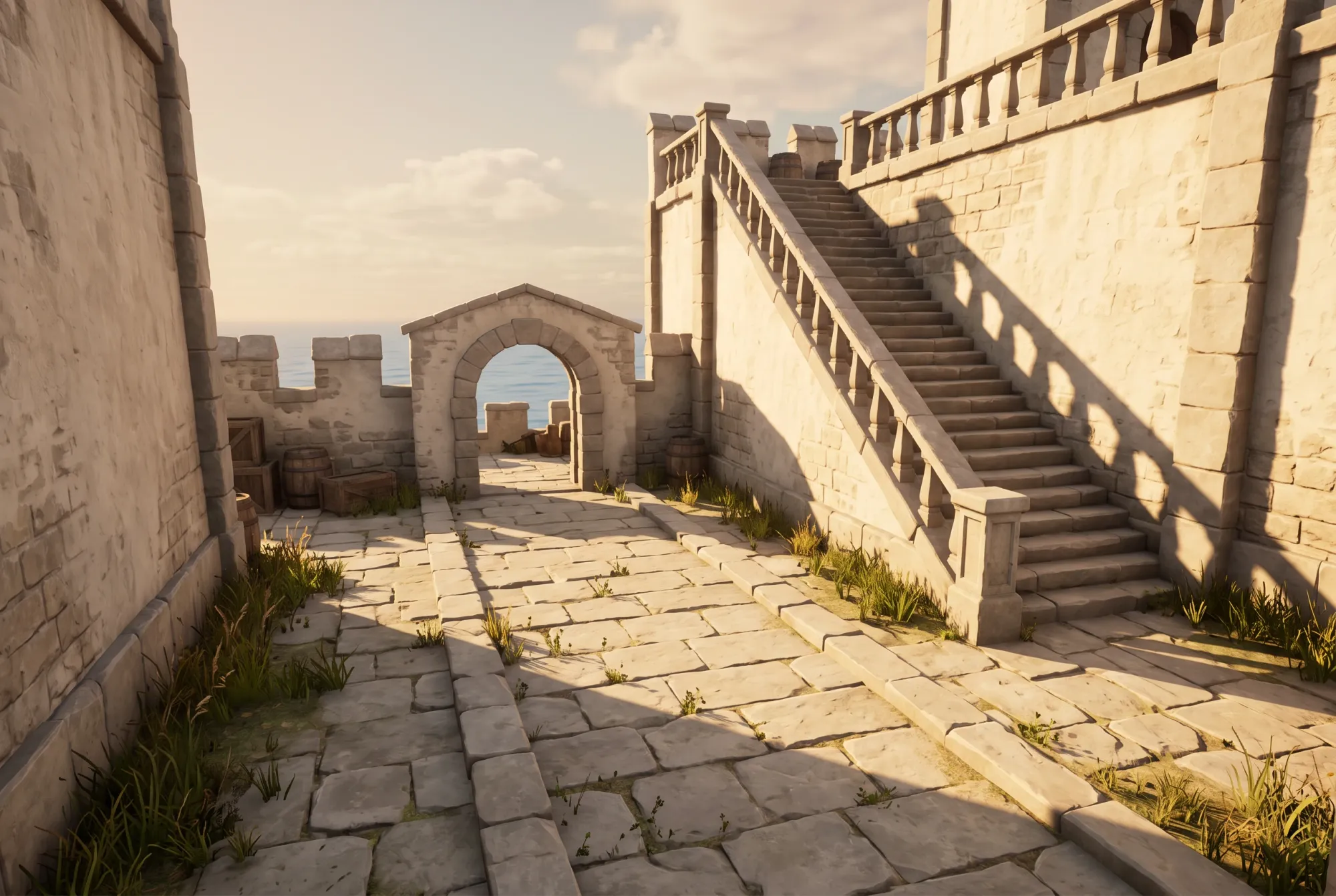 Coastal stone fortress game environment in warm afternoon sunlight