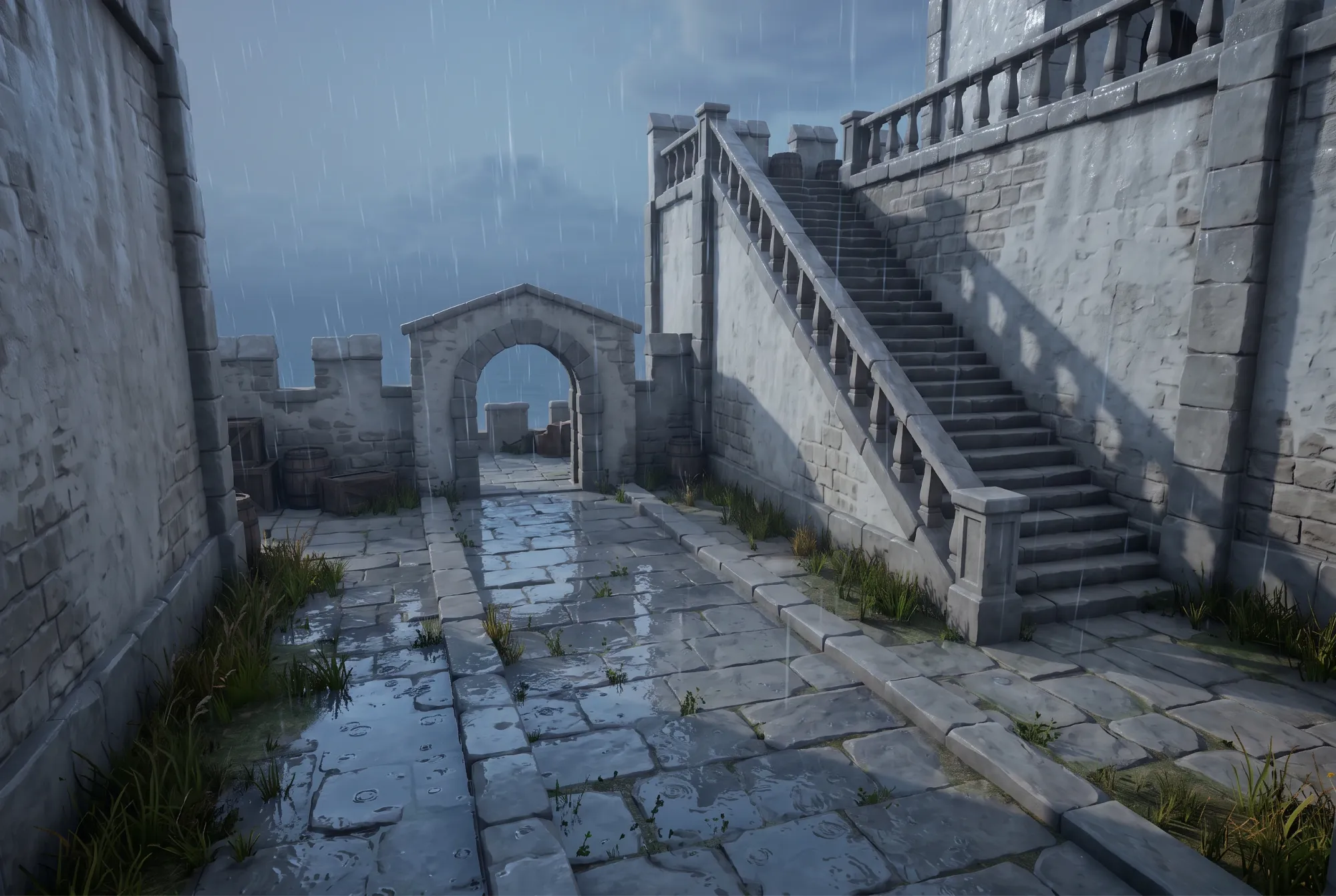 Stone fortress game environment with rain, puddles and cool evening light