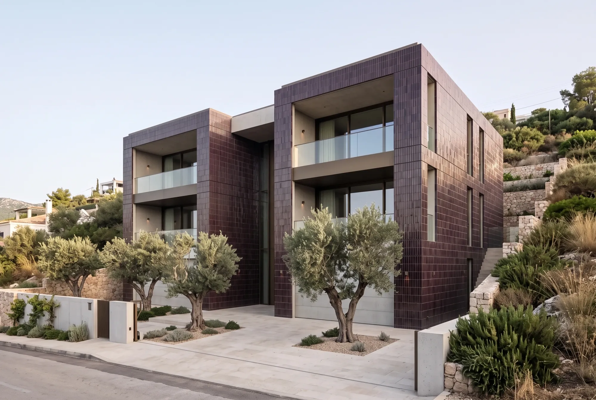 Deep aubergine glazed ceramic facade