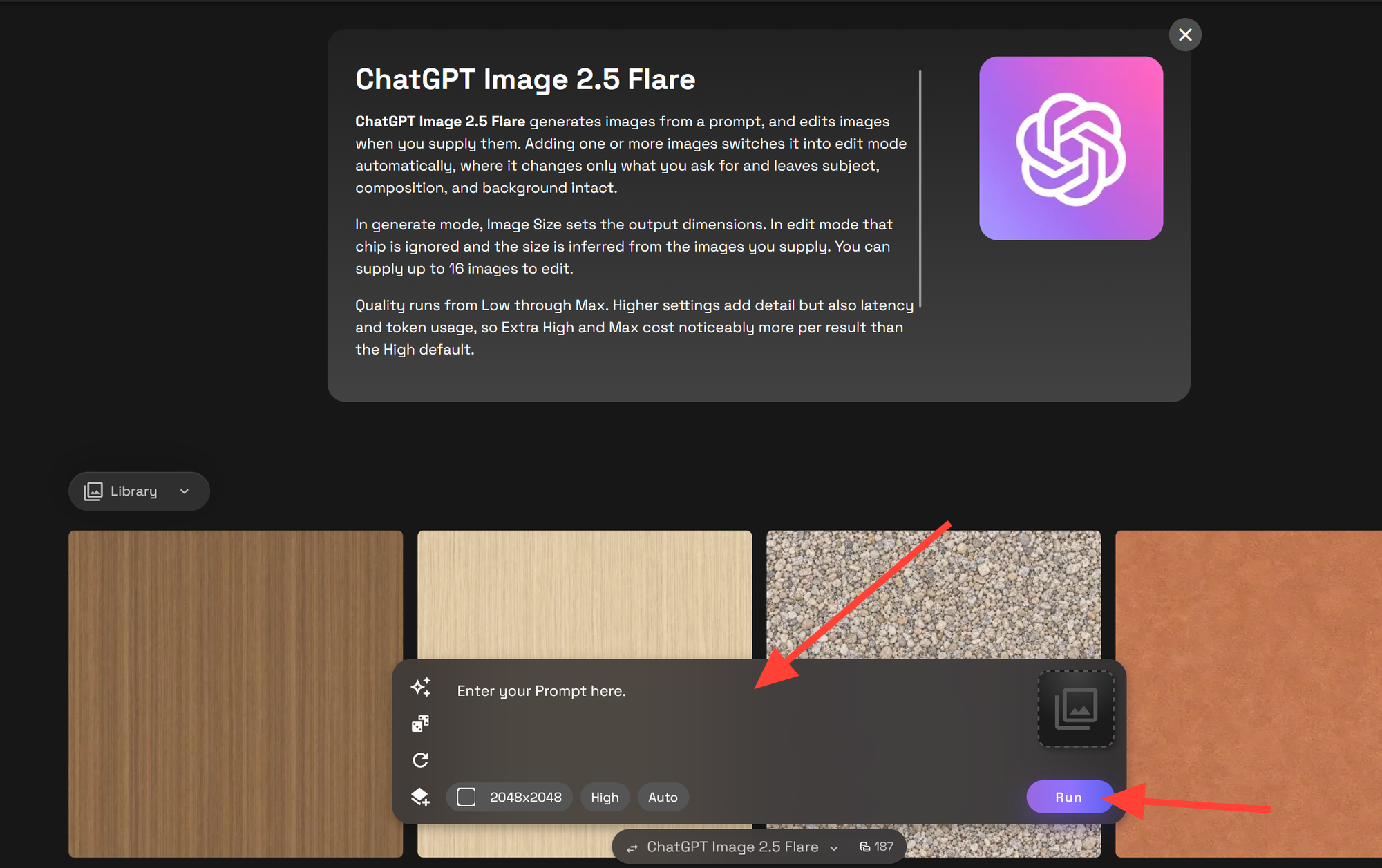 RunDiffusion image generation interface for entering a prompt, uploading a source image, adjusting settings, and running a generation.