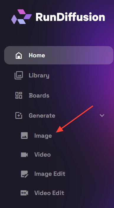 RunDiffusion sidebar showing Generate and the Image option.