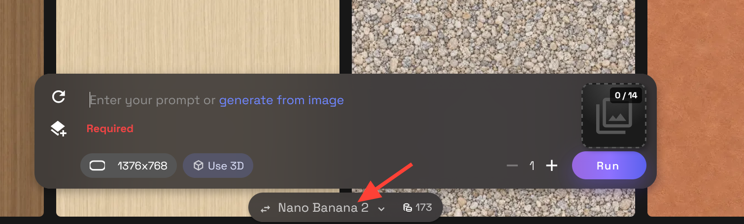 Model selector at the bottom of the RunDiffusion image generation tool.