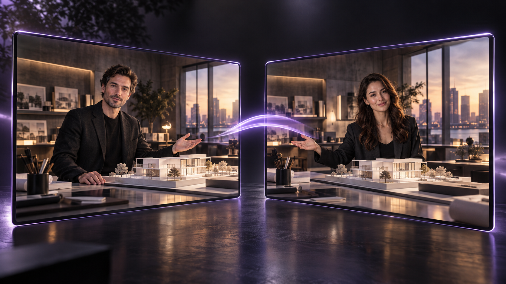 Concept illustration of two presenters in matching architectural studio video frames