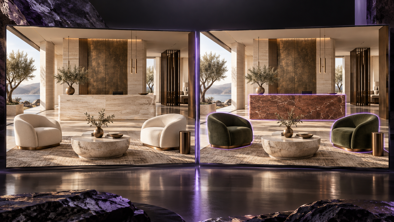 Concept illustration comparing pale and green lounge upholstery with a stone reception-desk finish change