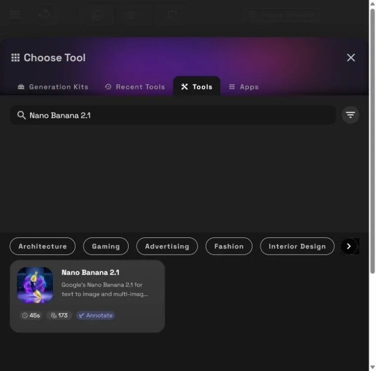 Choose Tool with the Tools tab selected and Nano Banana 2.1 in the search results.