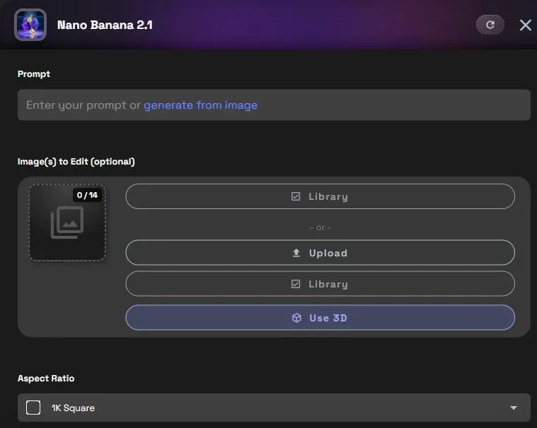 Nano Banana 2.1 with the Prompt field, Image(s) to Edit upload controls and Aspect Ratio selector.