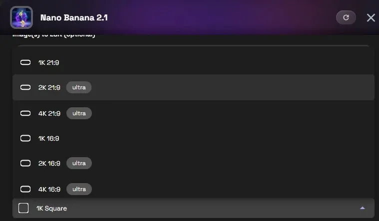 Nano Banana 2.1 Aspect Ratio menu with 1K, 2K and 4K output choices.