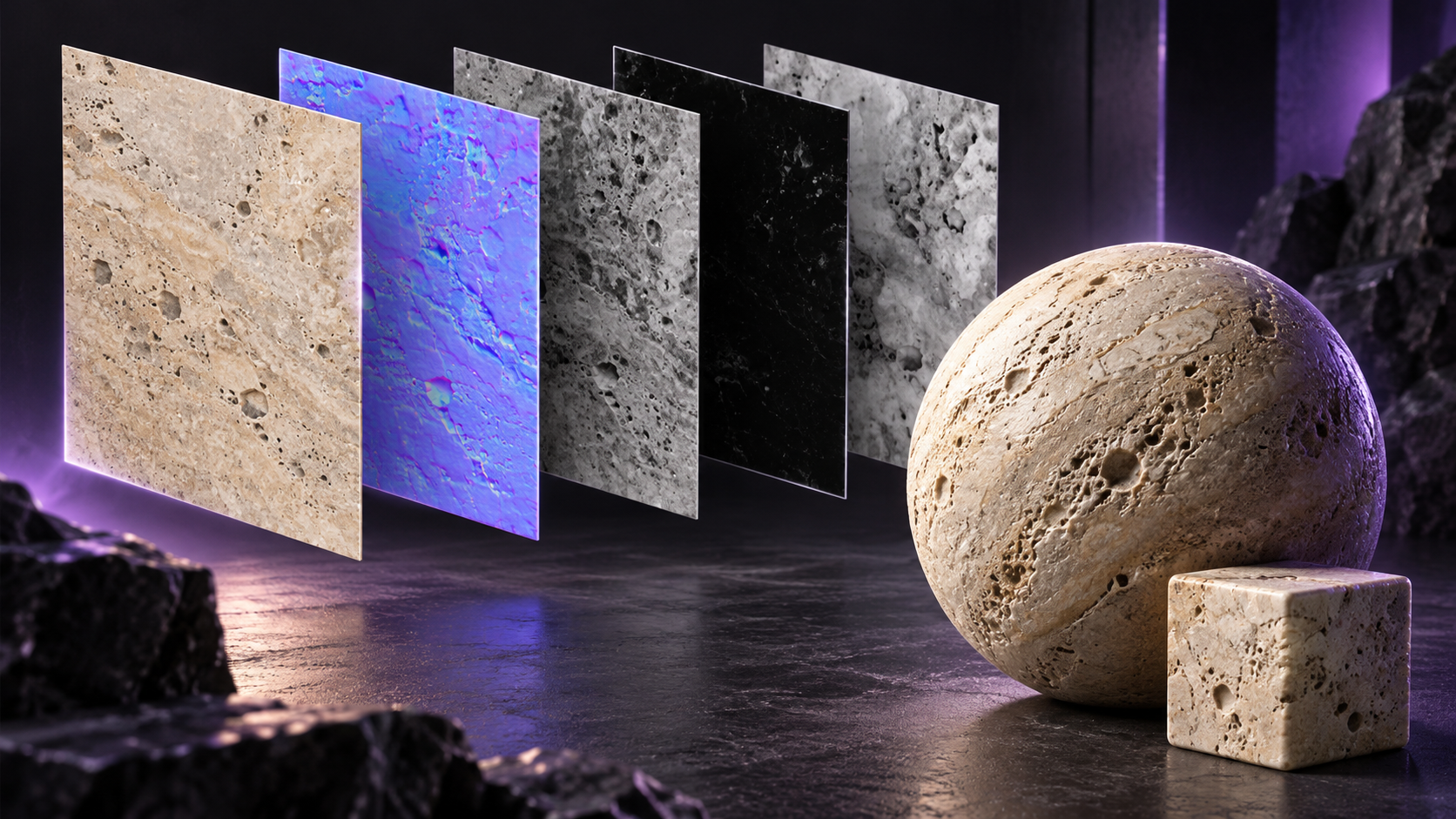 Concept illustration of five material-map sheets beside a textured limestone sphere and cube