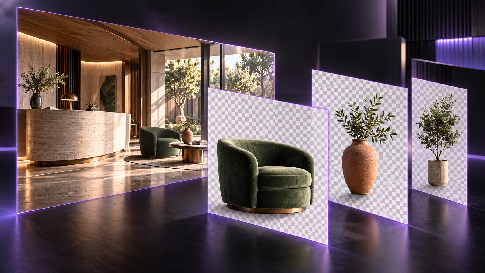 Concept illustration of a reception-lounge image separated into furniture, vase, and plant layers