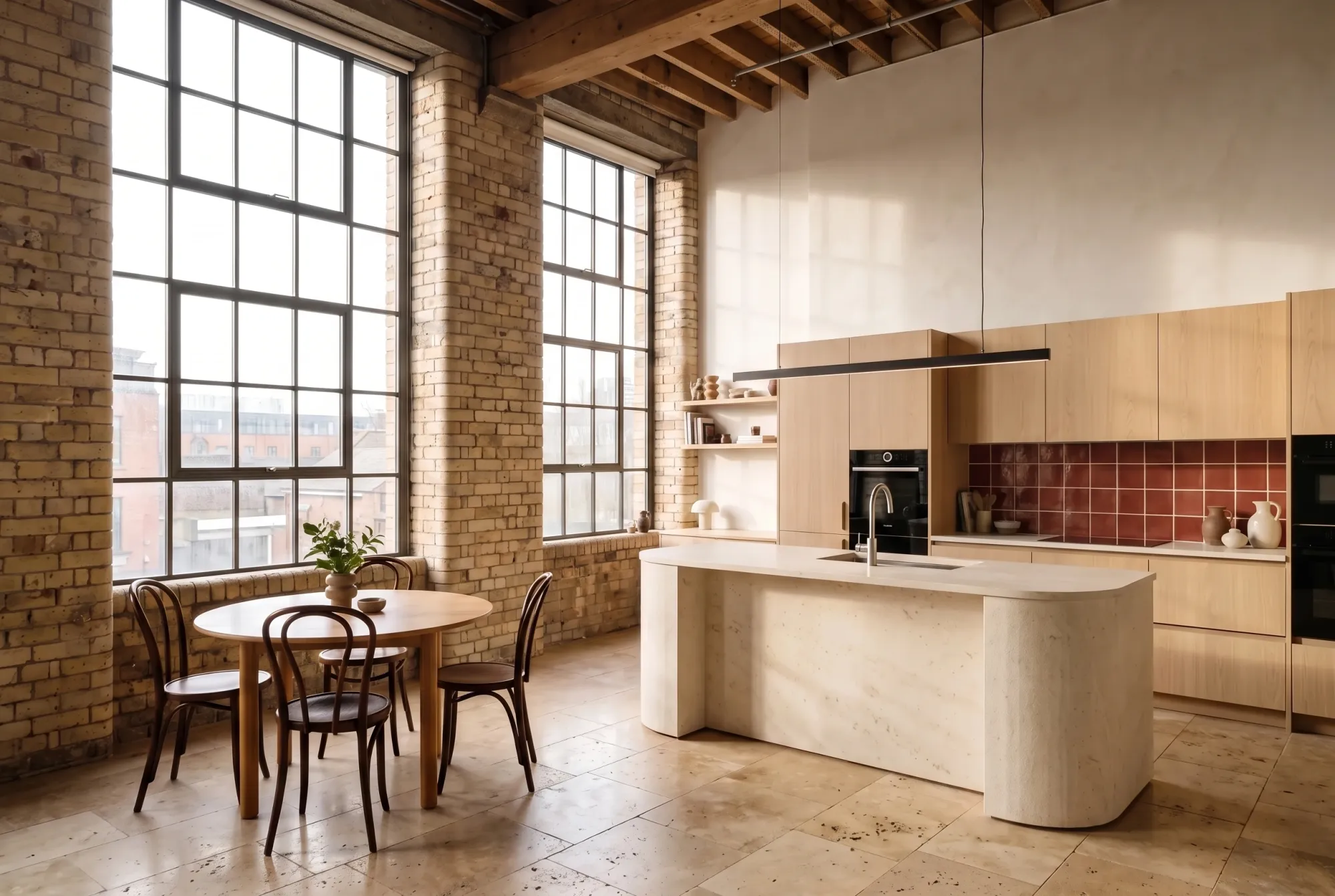 Oxide-red tiles replace the vertical backsplash while the original stone worktops and island remain.