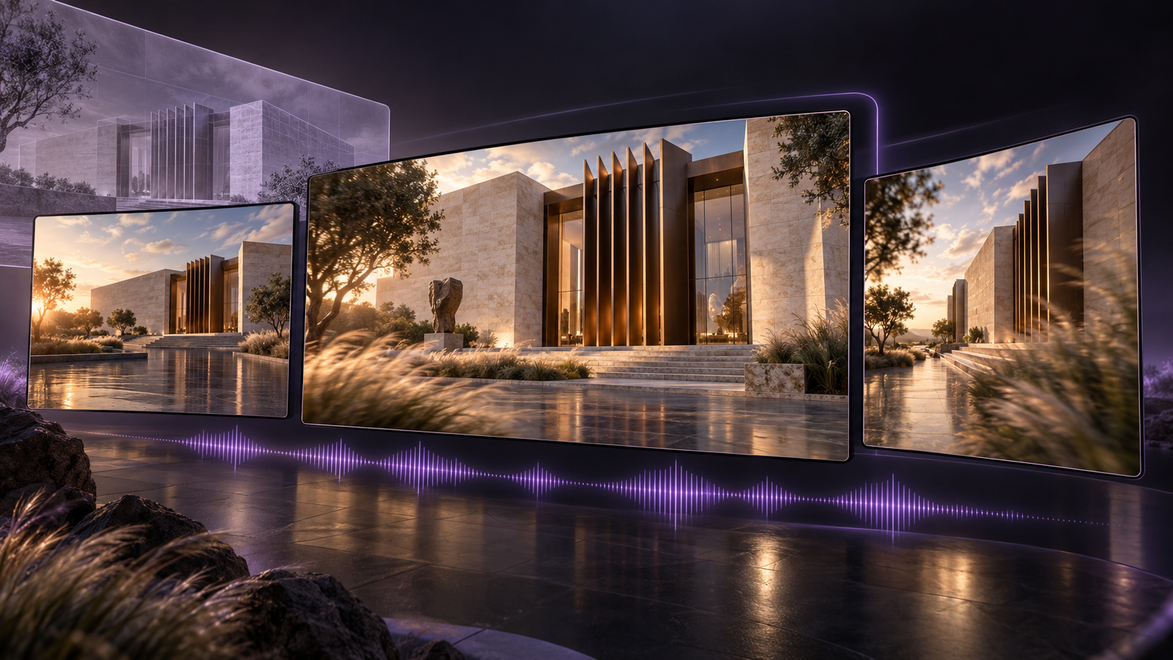 Concept illustration of architectural video frames and an audio waveform