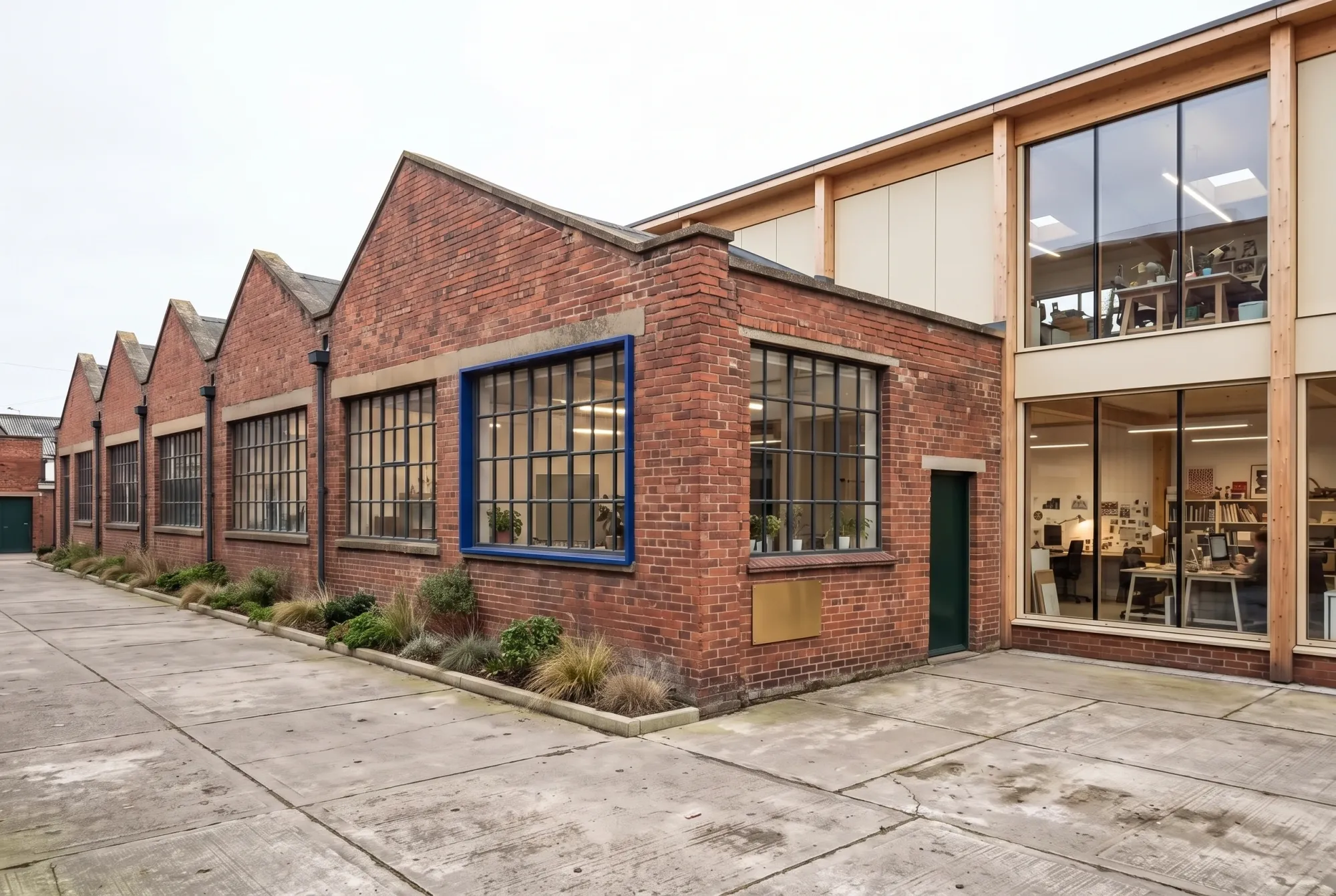 The cropped folded corner supplies a blue surround to one workshop window while its frame grid and glazing stay visible.