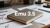 Editorial hero: centered “Emu 3.5” title over a cinematic studio desk with printed diagrams and soft rim light—evokes multimodal AI and readable on-image text.