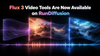 Flux 3 Video Tools changelog hero with a bold centered title above a film ribbon progressing from draft generation to a detailed final clip with audio.