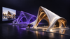 Concept illustration of an architectural reference image, violet polygon mesh, and textured pavilion model