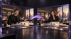 Concept illustration of two presenters in matching architectural studio video frames