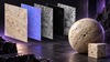 Concept illustration of five material-map sheets beside a textured limestone sphere and cube