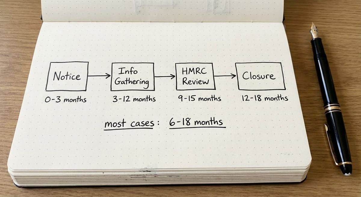 Hand-drawn biro sketch showing four-stage HMRC R&D enquiry timeline from notice to closure