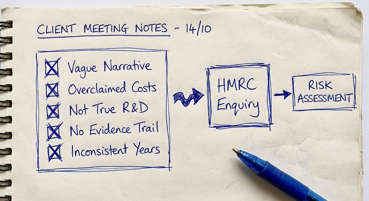 Hand-drawn biro sketch showing R&D tax credit claim mistakes that trigger HMRC enquiry checks