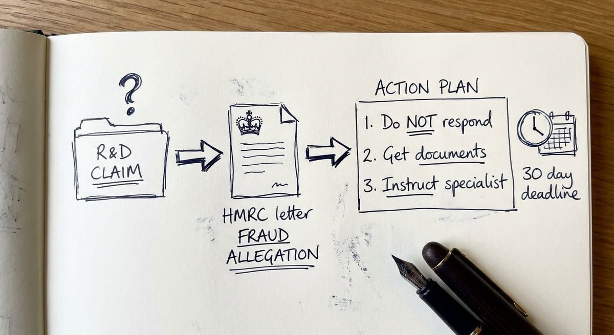 Hand-drawn sketch showing HMRC fraud allegation process for R&D tax credit claim submitted by accountant