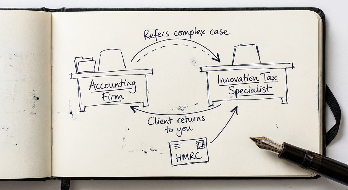 Hand-drawn sketch showing referral arrangement between an accounting firm and an innovation tax specialist