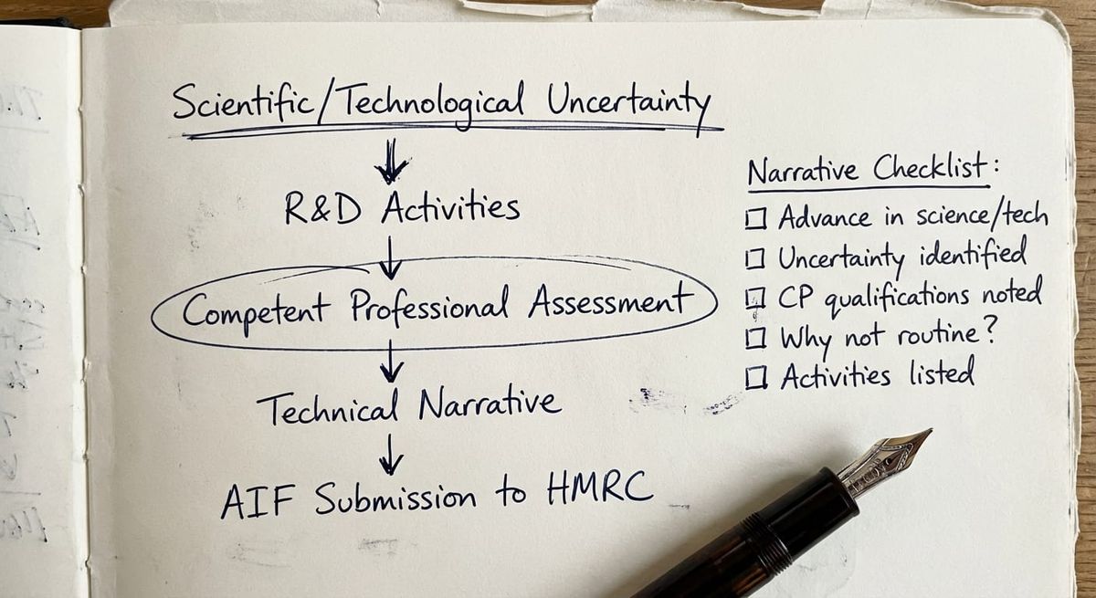 Hand-drawn sketch showing R&D technical narrative workflow and AIF checklist
