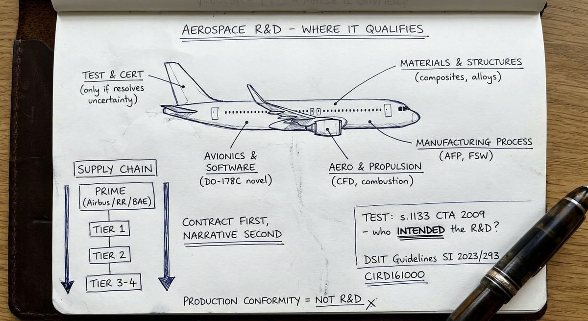 Hand-drawn sketch mapping qualifying R&D activities across an aerospace airframe and the UK defence supply chain tiers
