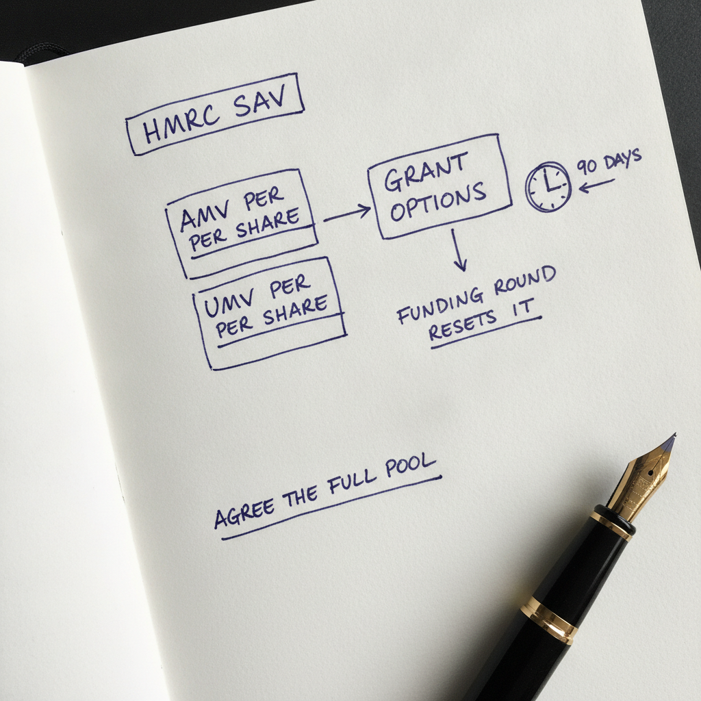Hand-drawn sketch of an HMRC EMI share valuation: AMV and UMV per share, the 90-day agreement window and the funding round that resets it