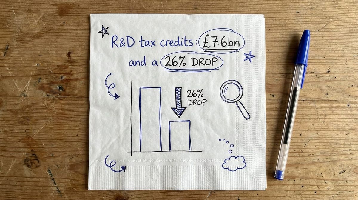Hand-drawn napkin sketch of R&D tax credit claims of 7.6 billion pounds with a 26 per cent drop