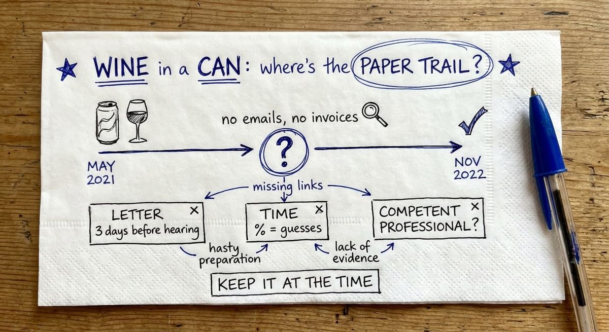 Hand-drawn napkin sketch of a wine can with a question mark, a timeline with a gap between May 2021 and November 2022, and a note reading no paper trail