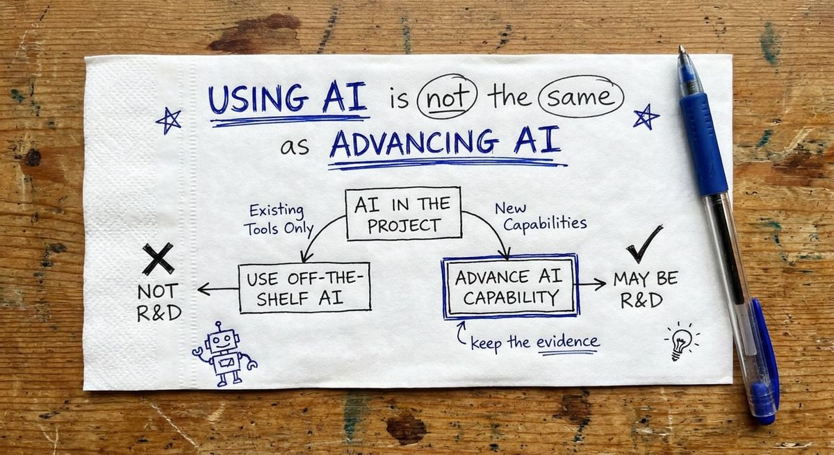 Hand-drawn sketch of two routes, using off-the-shelf AI versus resolving a technological uncertainty, with the test questions HMRC asks